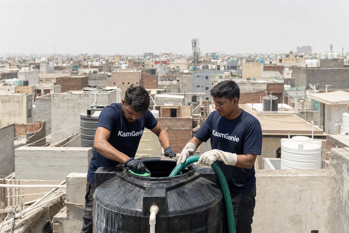 Overview of Delhi NCR zones with a KaamGenie crew cleaning a rooftop water tank, illustrating area-wise water tank cleaning coverage