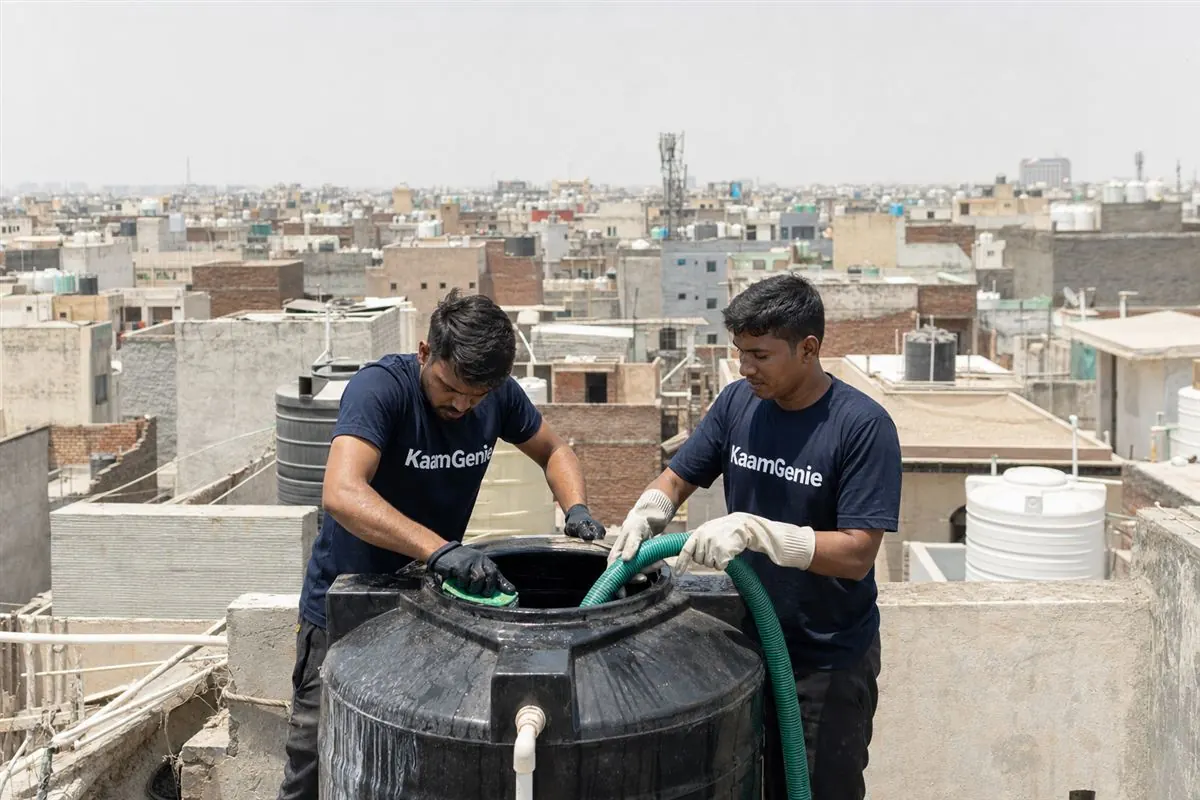 Overview of Delhi NCR zones with a KaamGenie crew cleaning a rooftop water tank, illustrating area-wise water tank cleaning coverage