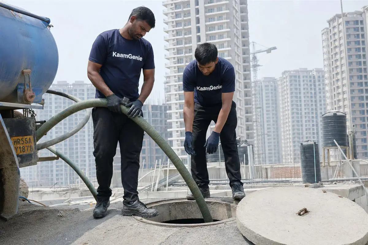 KaamGenie crew cleaning a rooftop society water tank in a newly handed-over high-rise tower on Dwarka Expressway, New Gurgaon, with other towers in the background