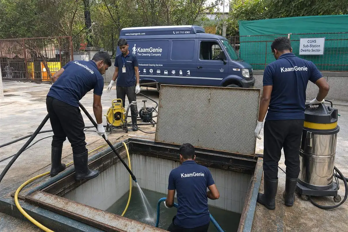 KaamGenie crew in navy shirts cleaning a large underground CGHS society water tank in a Dwarka sector