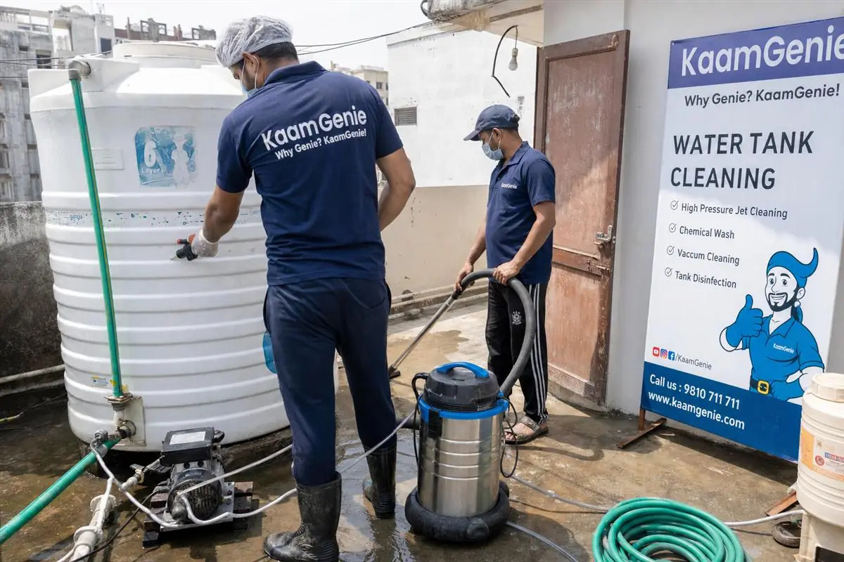 KaamGenie crew in navy shirts sanitising an overhead terrace tank on a Mayur Vihar apartment block in East Delhi