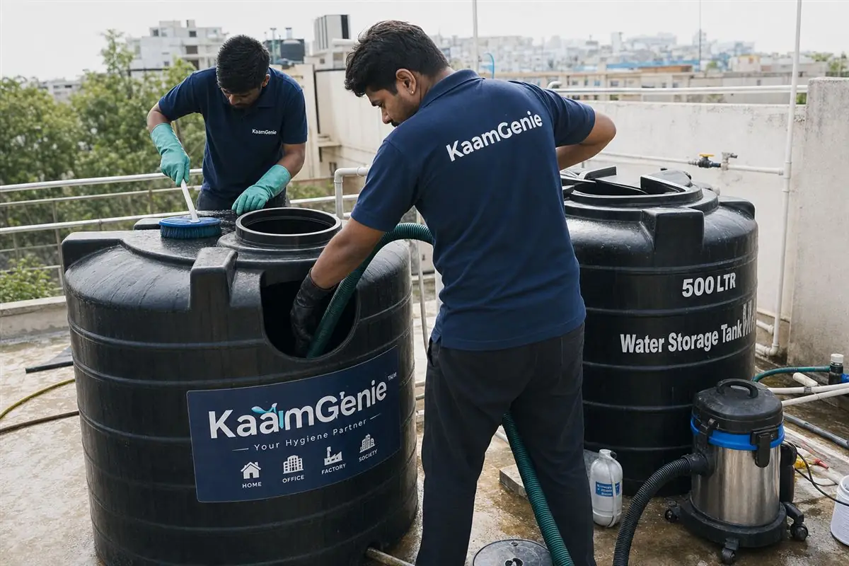 KaamGenie crew in navy uniforms draining and scrubbing a residential overhead water tank in Delhi