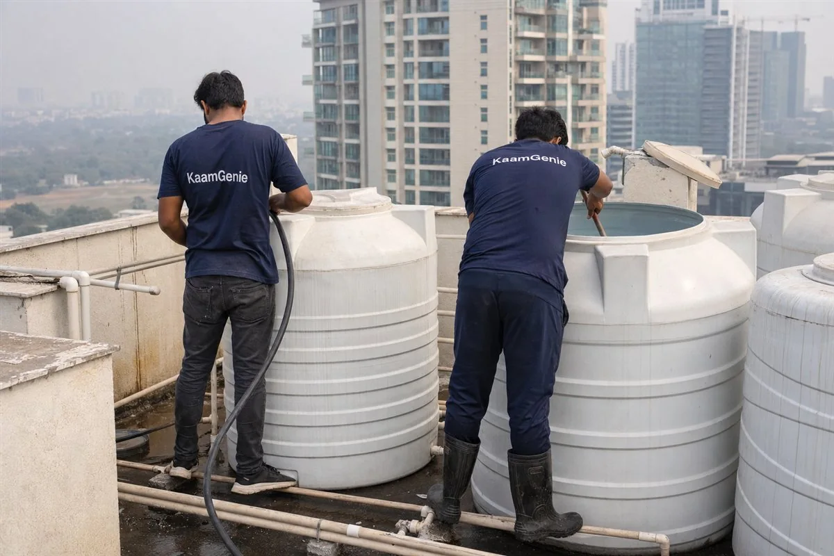 KaamGenie crew in navy shirts cleaning rooftop tanks on a premium Golf Course Road condominium tower in Gurgaon, more towers behind