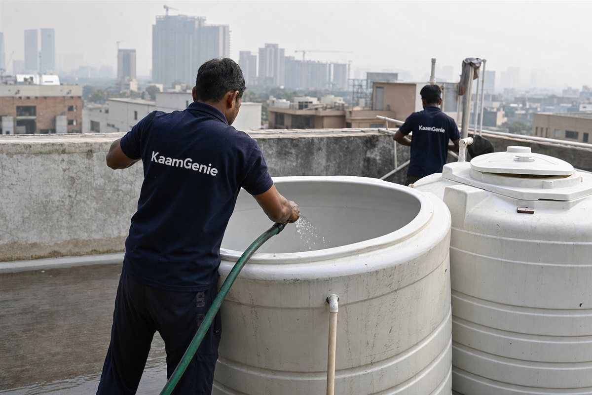 A KaamGenie worker in a navy shirt rinsing a clean overhead rooftop tank with a hose on a Golf Course Road condominium terrace in Gurgaon
