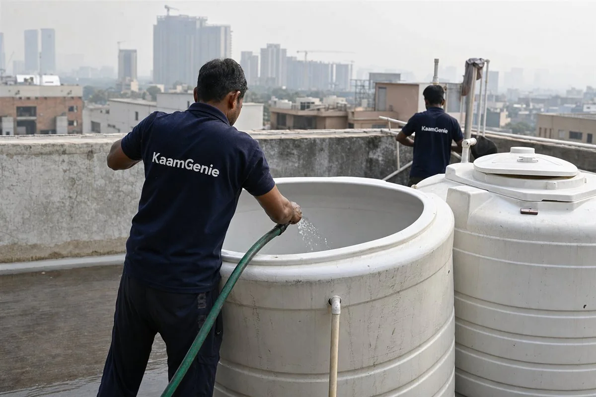A KaamGenie worker in a navy shirt rinsing a clean overhead rooftop tank with a hose on a Golf Course Road condominium terrace in Gurgaon