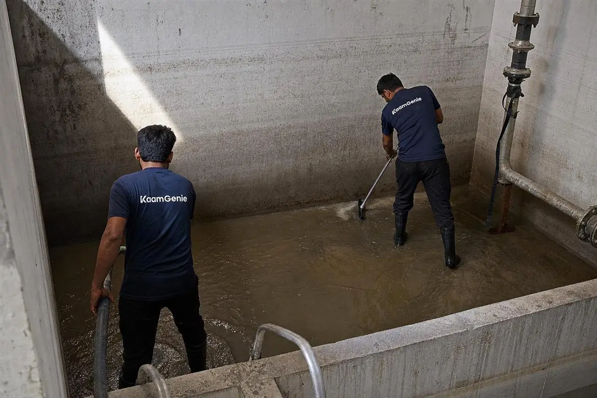 Two KaamGenie workers in navy shirts cleaning a large basement underground reservoir in a luxury Golf Course Road condominium in Gurgaon