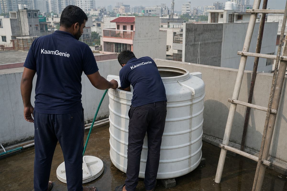 KaamGenie crew in navy shirts cleaning a rooftop water tank on a Greater Noida plotted kothi near Pari Chowk