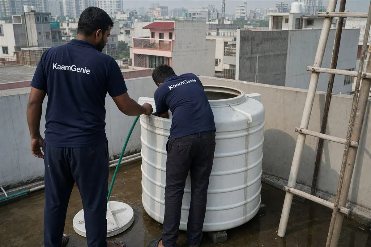 KaamGenie crew in navy shirts cleaning a rooftop water tank on a Greater Noida plotted kothi near Pari Chowk