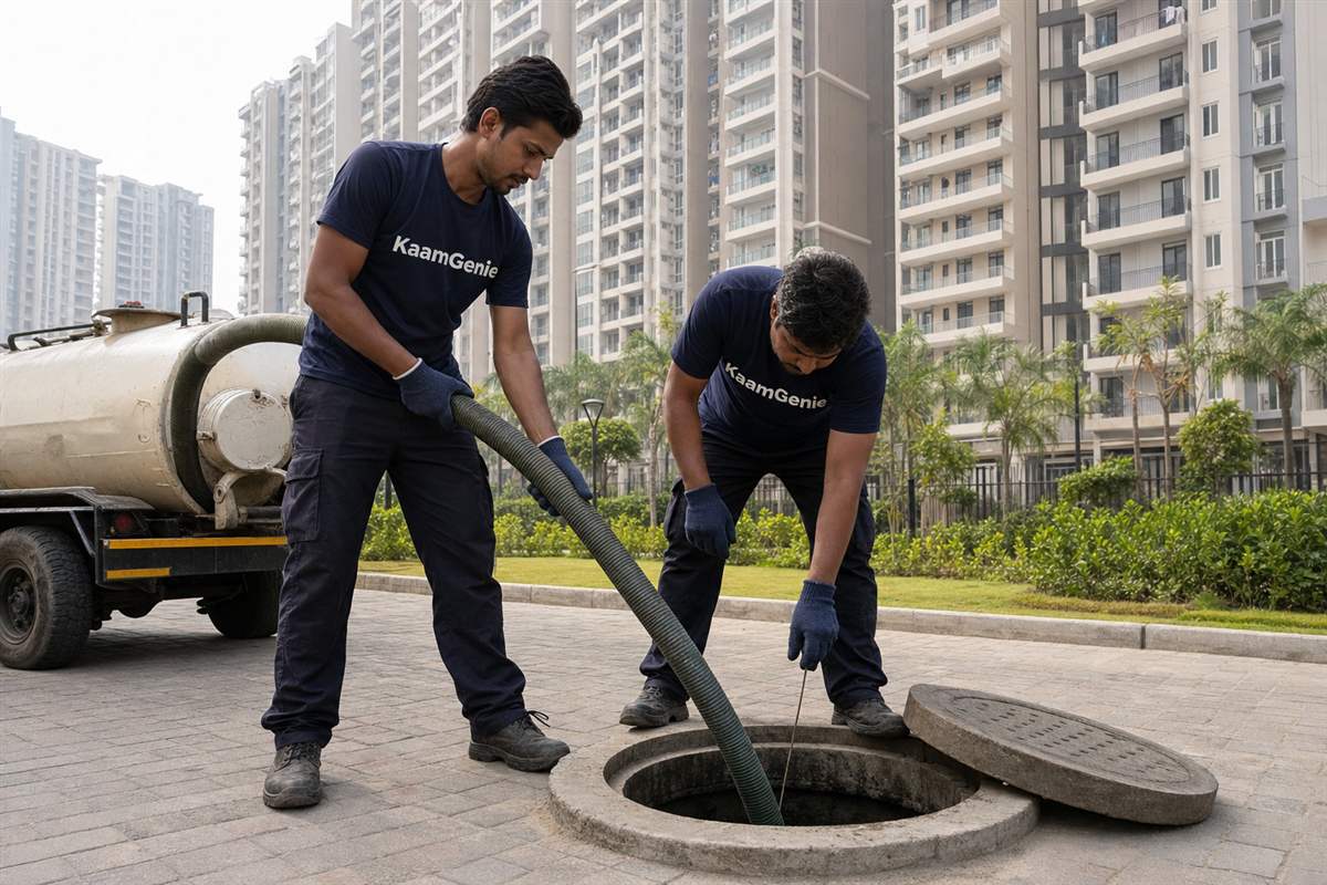 KaamGenie crew cleaning the underground reservoir of a newly handed-over high-rise society in Greater Noida West with residential towers behind