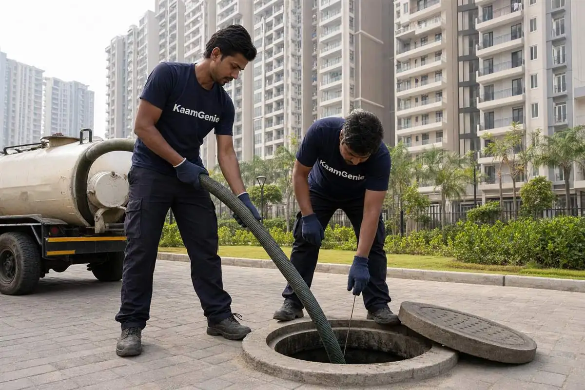KaamGenie crew cleaning the underground reservoir of a newly handed-over high-rise society in Greater Noida West with residential towers behind