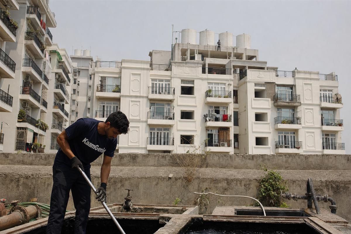 Two-stage water storage in a Greater Noida West high-rise - a split underground reservoir at the base feeding pumps that lift water to rooftop overhead tanks on each tower