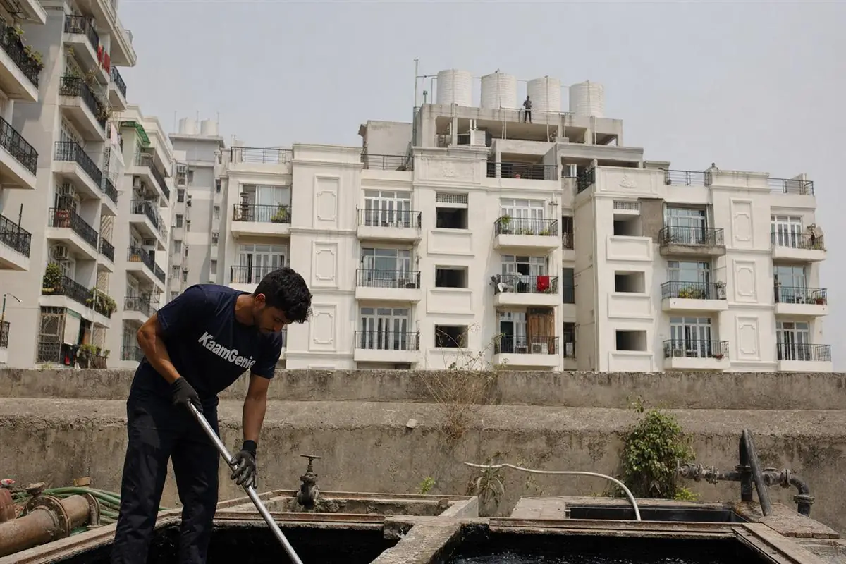 Two-stage water storage in a Greater Noida West high-rise - a split underground reservoir at the base feeding pumps that lift water to rooftop overhead tanks on each tower