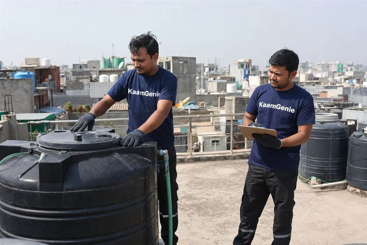 KaamGenie crew cleaning an overhead plastic water tank on a Delhi rooftop - the complete guide to water tank cleaning
