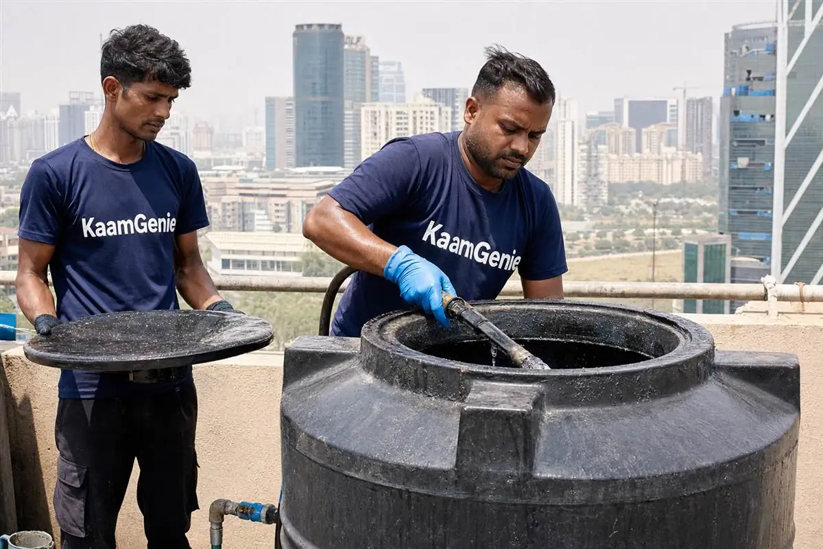 KaamGenie crew cleaning a rooftop water tank on a Gurgaon high-rise with DLF condominium towers in the background