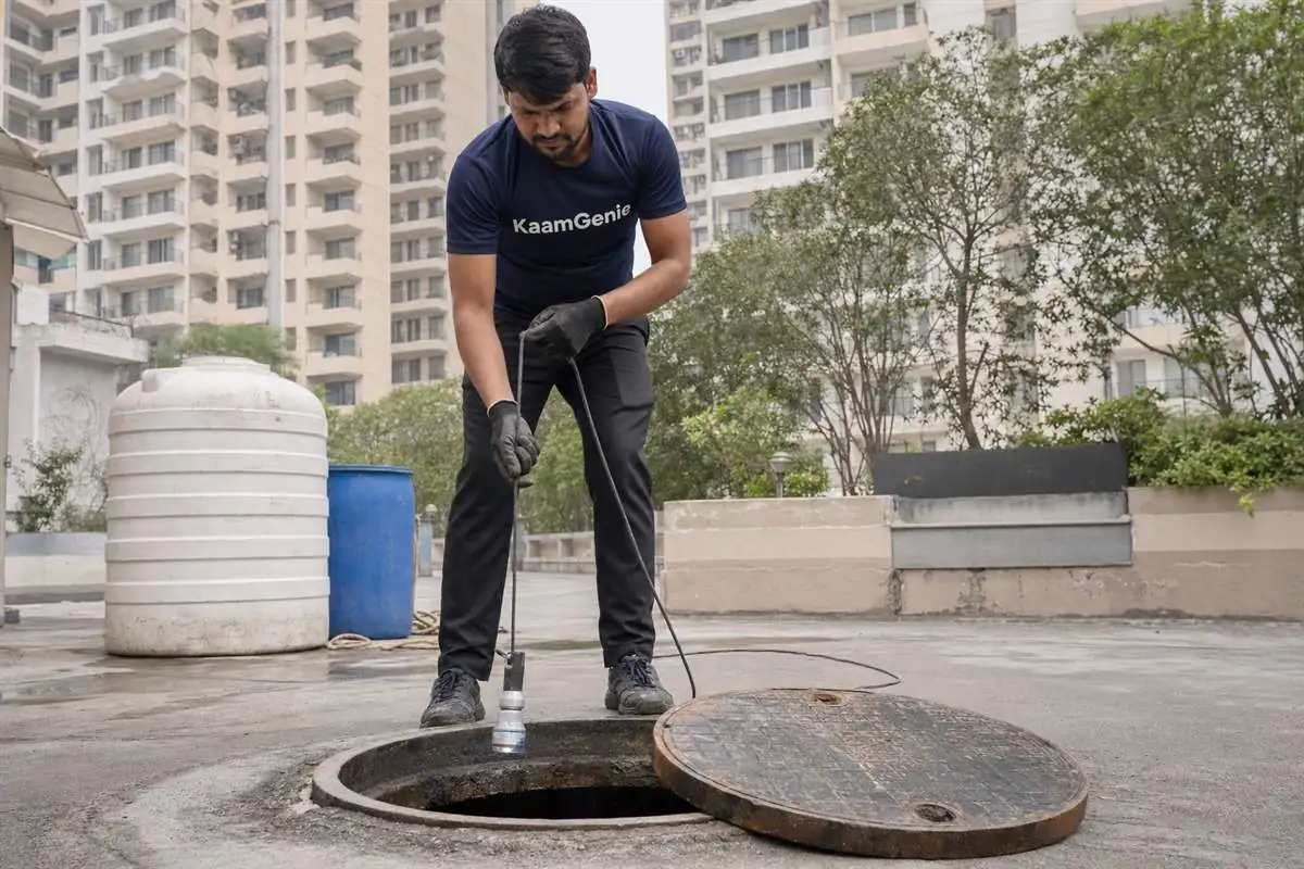 A private water tanker filling an underground reservoir outside a Gurgaon condominium, with high-rise towers behind