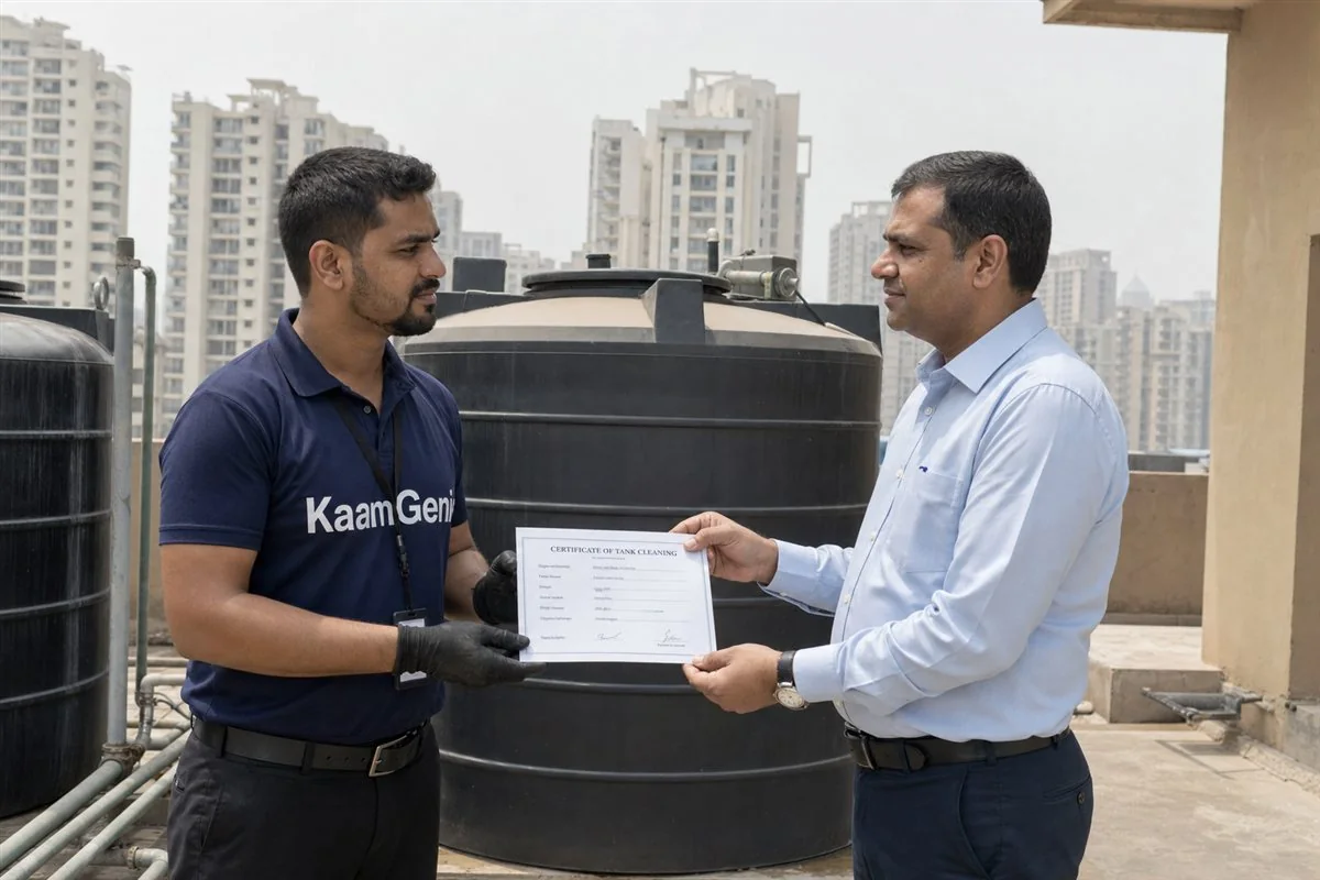 KaamGenie crew member scrubbing the inside of a rooftop water tank with a food-grade brush on a Gurgaon high-rise rooftop