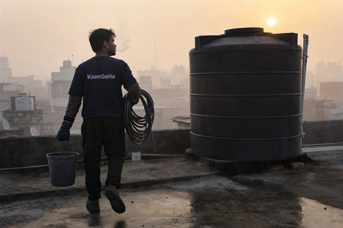 KaamGenie crew cleaning an overhead water tank on a Delhi rooftop on a cold winter morning