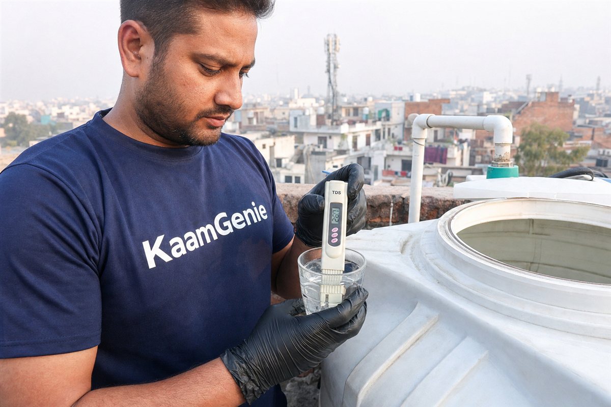 KaamGenie technician testing water TDS with a meter beside a freshly cleaned water tank