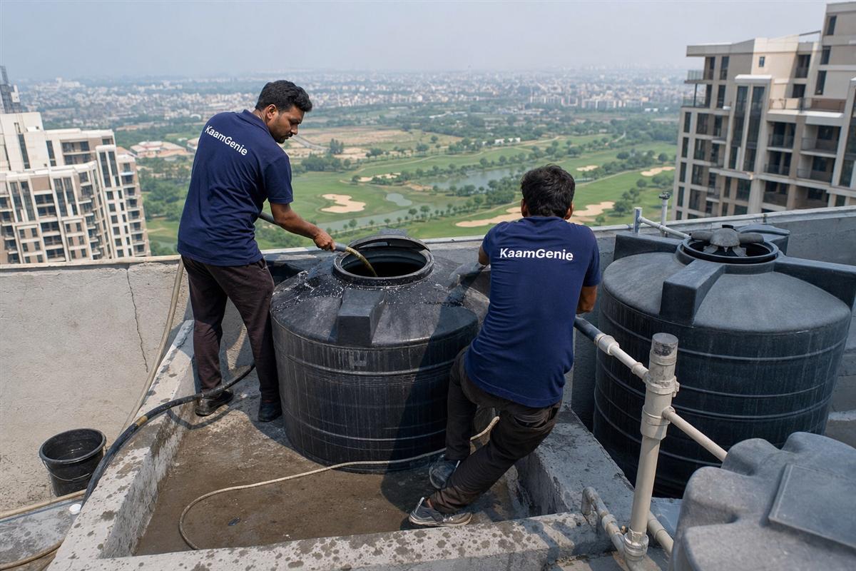 Two KaamGenie workers in navy shirts cleaning rooftop tower tanks on a premium Jaypee Wish Town high-rise in Sector 128 Noida, golf-green landscaping behind