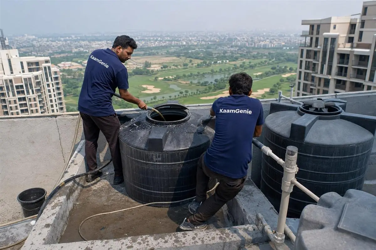 Two KaamGenie workers in navy shirts cleaning rooftop tower tanks on a premium Jaypee Wish Town high-rise in Sector 128 Noida, golf-green landscaping behind