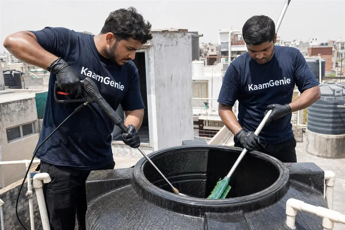 KaamGenie crew comparing tank cleaning methods on a Delhi rooftop — one jet-washing inside a plastic tank while another scrubs by hand