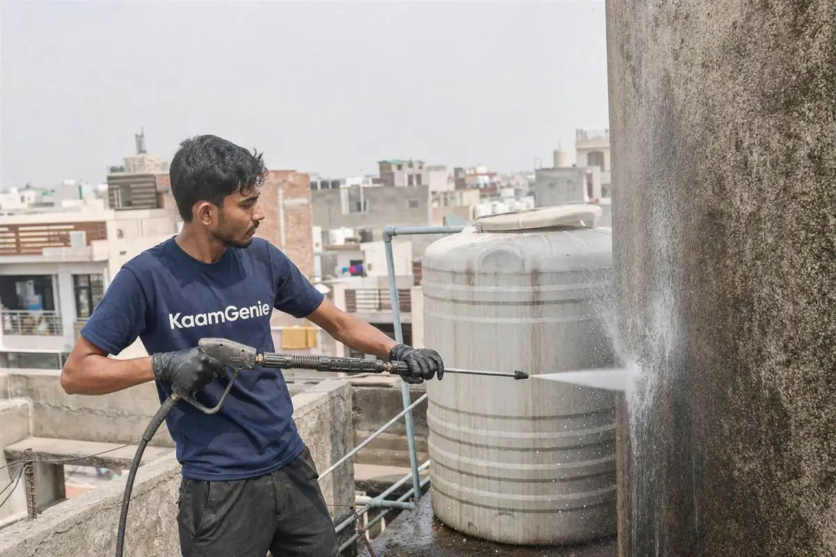 High-pressure jet wash lance cleaning the textured wall of an RCC concrete overhead tank, water blasting biofilm out of the surface pores