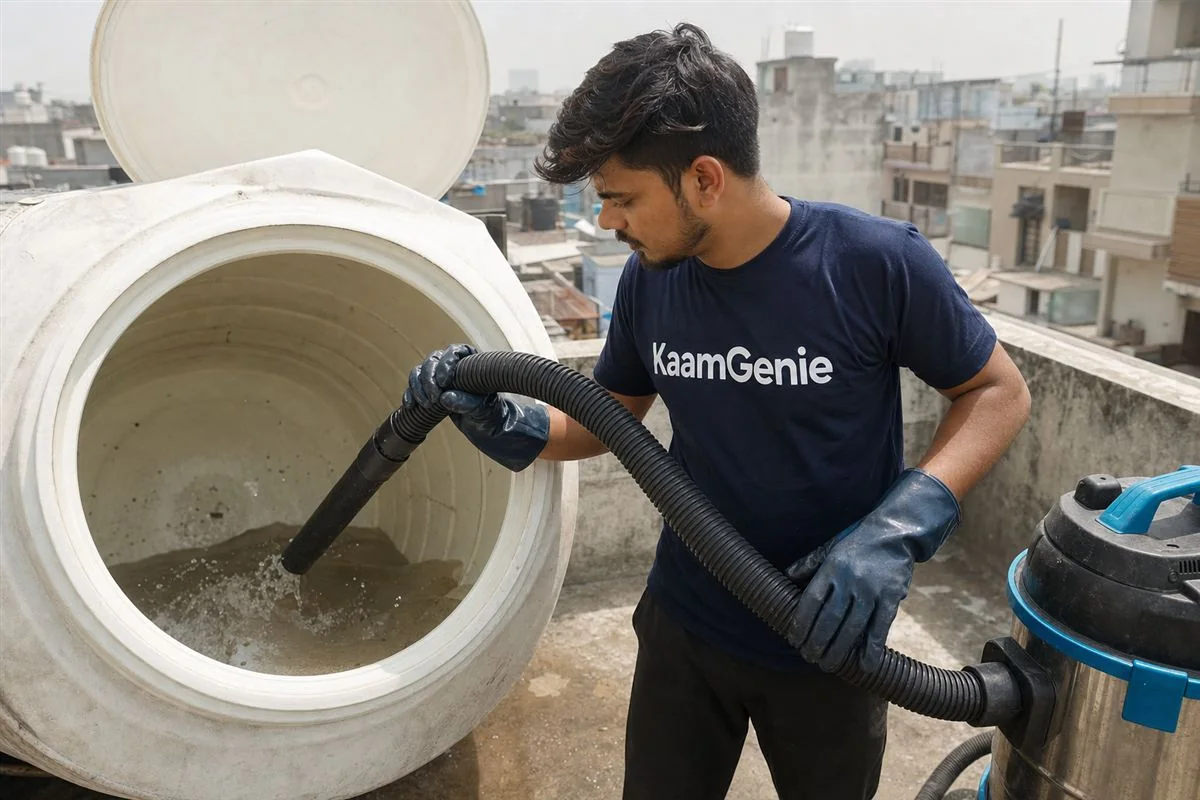 KaamGenie crew member using an industrial wet/dry vacuum to extract dirty rinse water and dislodged sludge from the floor of a cleaned water tank