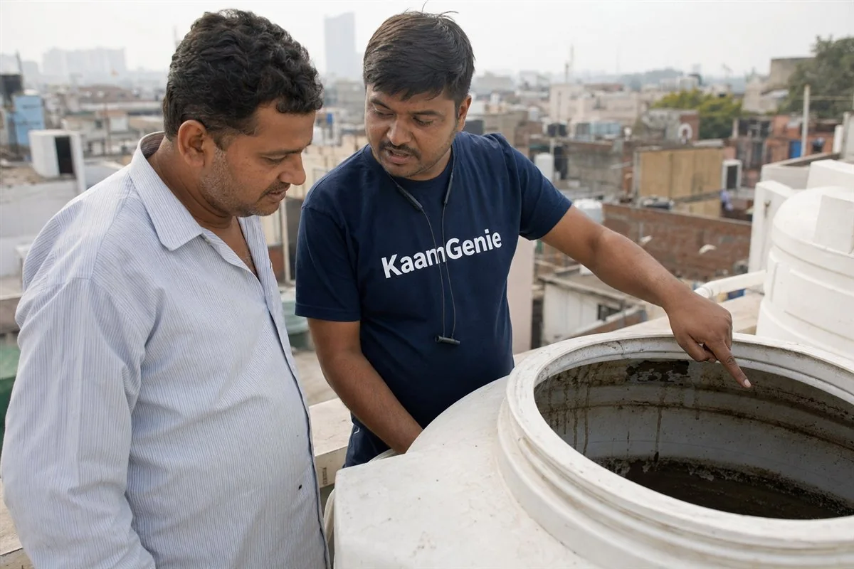 KaamGenie crew member showing a Delhi homeowner a poorly cleaned rooftop tank with leftover sludge still sitting at the bottom
