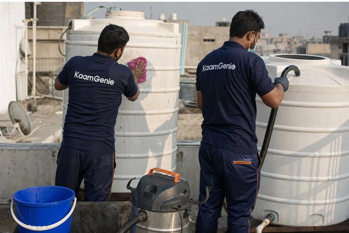 Two KaamGenie crew in navy shirts cleaning a tank the right way, one hand-scrubbing inside while the other supports from outside the opening