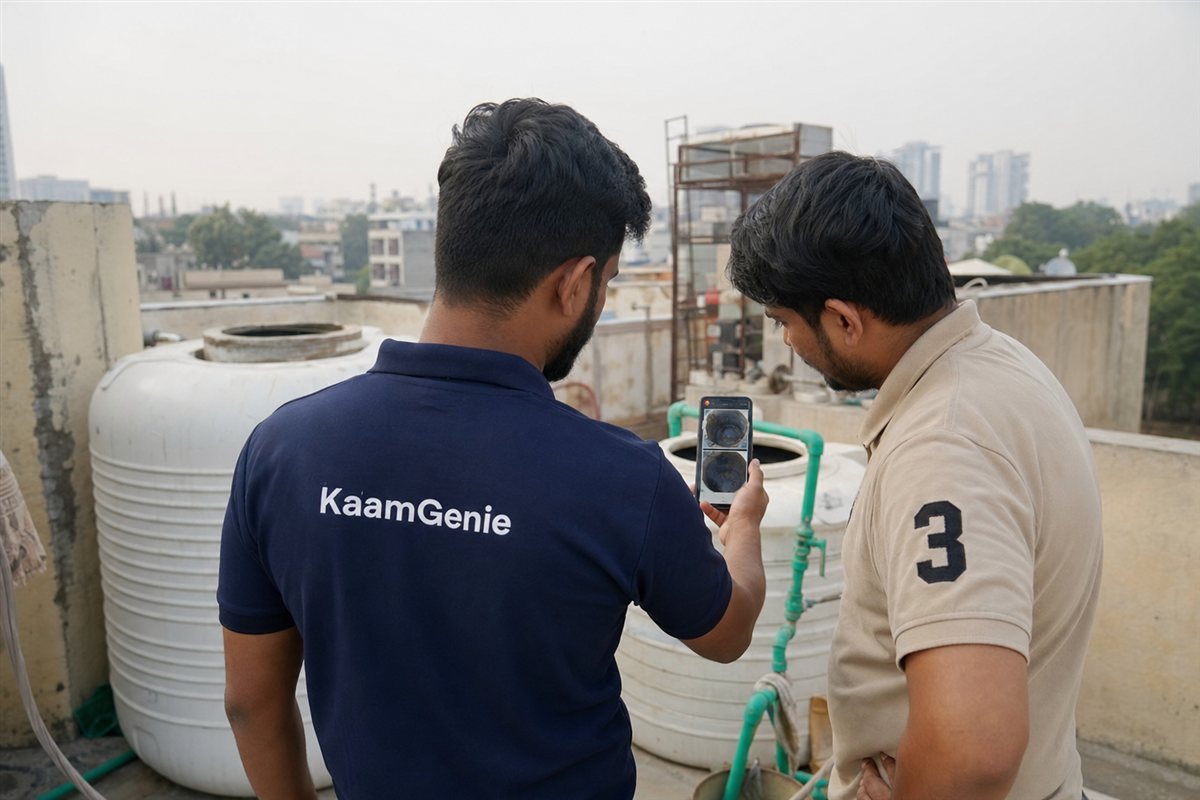 A KaamGenie crew member in a navy shirt showing before-and-after tank photos on a phone to a Gurgaon customer