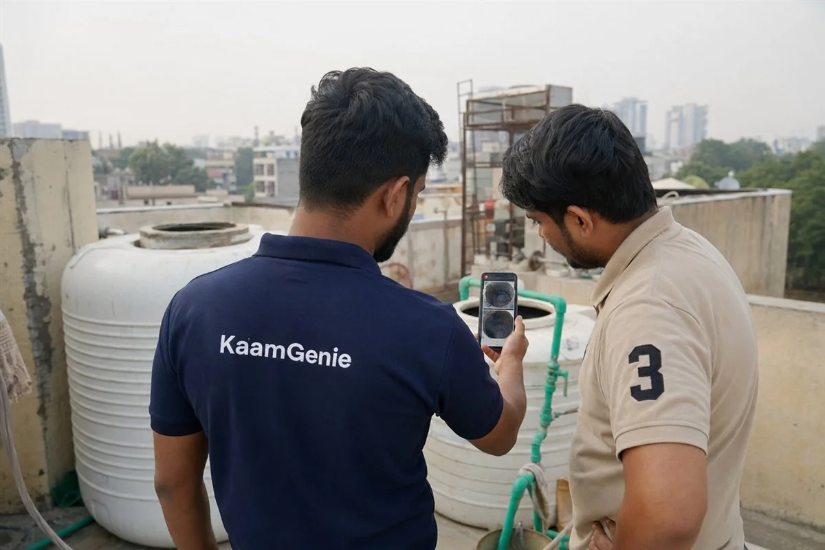 A KaamGenie crew member in a navy shirt showing before-and-after tank photos on a phone to a Gurgaon customer