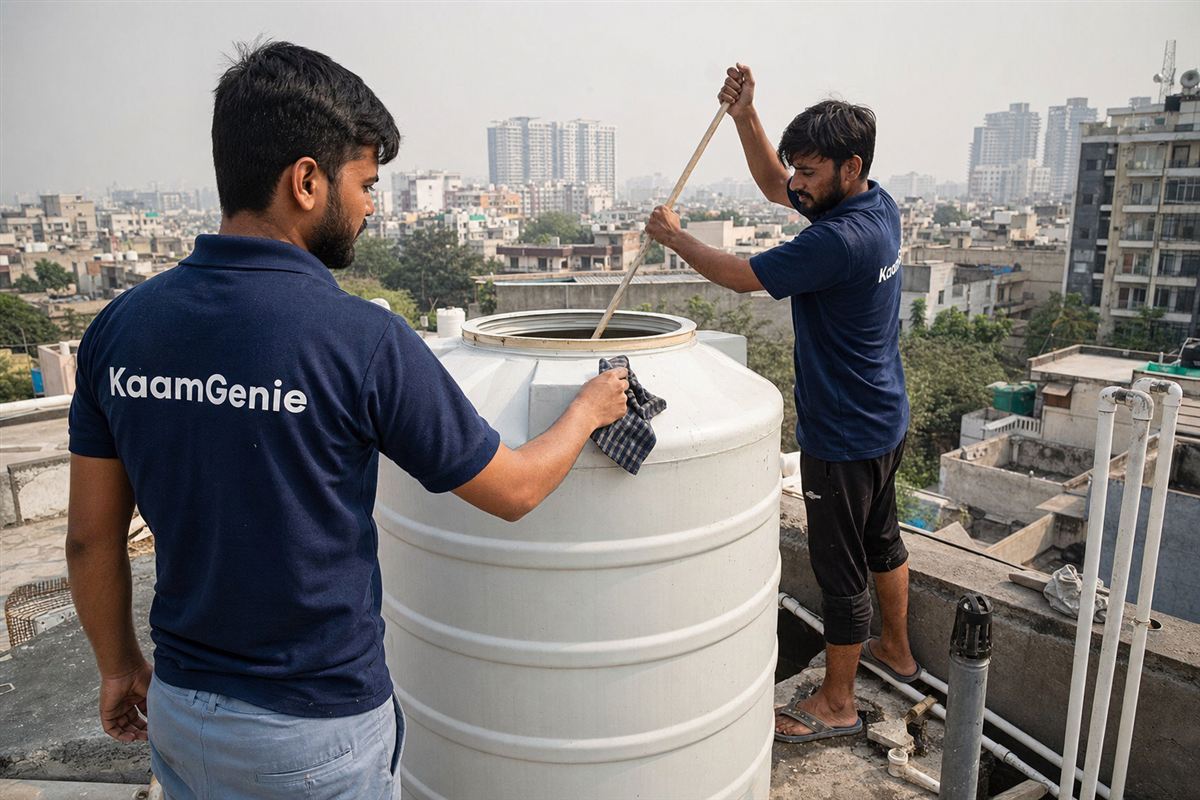 Two KaamGenie crew members in navy shirts efficiently cleaning a rooftop water tank on a Gurgaon terrace