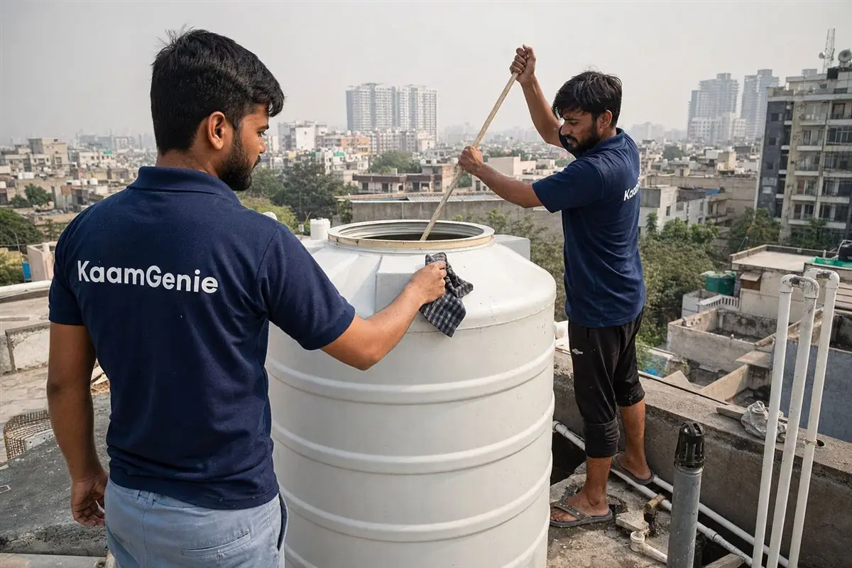 Two KaamGenie crew members in navy shirts efficiently cleaning a rooftop water tank on a Gurgaon terrace