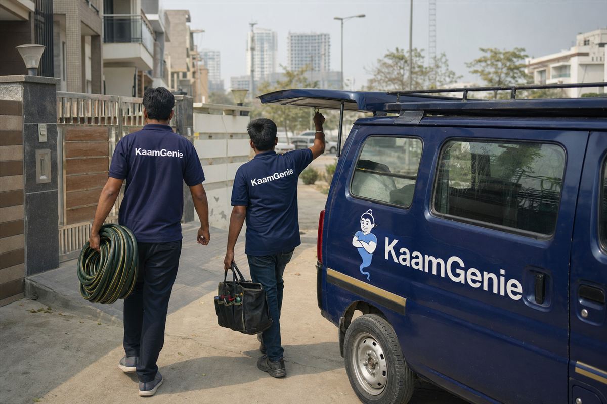 A navy KaamGenie van and two crew members in navy shirts arriving at a Noida home for same-day water tank cleaning