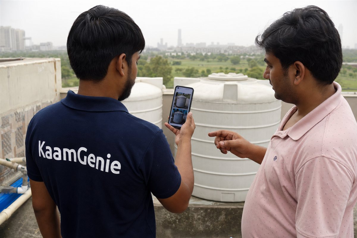 A KaamGenie worker in a navy shirt showing before-and-after tank photos on a phone to a Noida customer