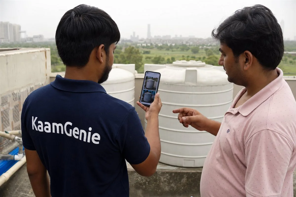 A KaamGenie worker in a navy shirt showing before-and-after tank photos on a phone to a Noida customer