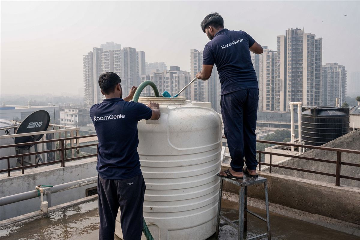 Two KaamGenie workers in navy shirts cleaning a rooftop water tank efficiently in Noida