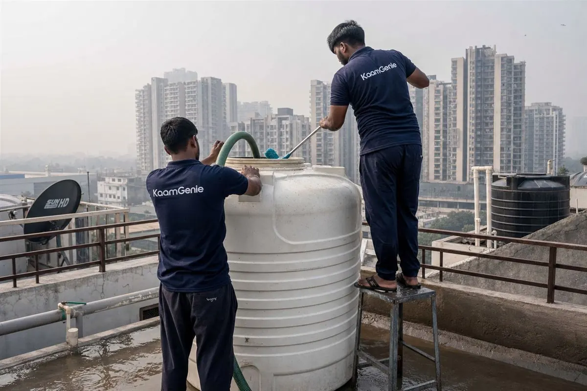 Two KaamGenie workers in navy shirts cleaning a rooftop water tank efficiently in Noida