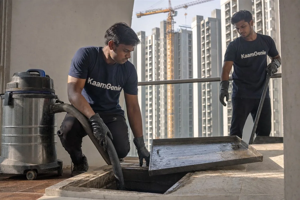 KaamGenie crew cleaning grey cement slurry and sand from a brand-new rooftop water tank in a Gurgaon high-rise tower
