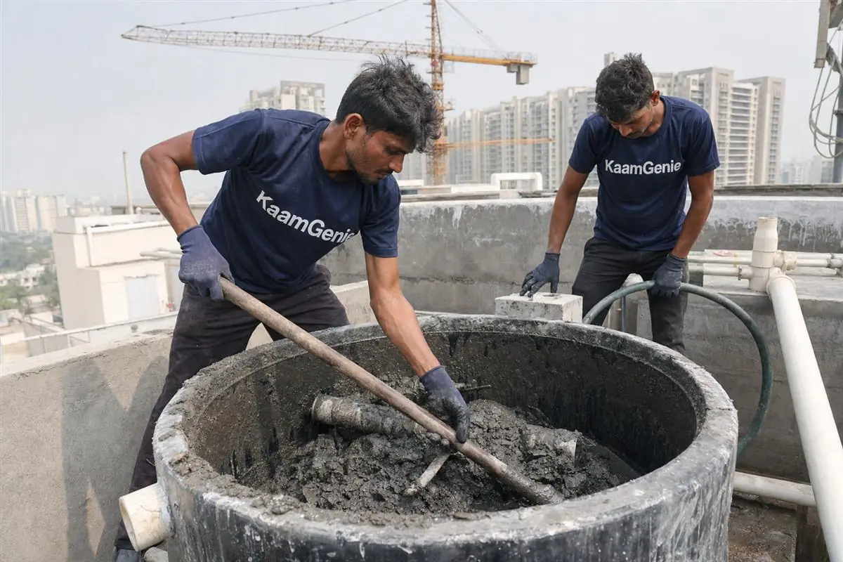KaamGenie crew scooping set cement slurry and construction debris from the floor of a brand-new tower water tank in a Noida society