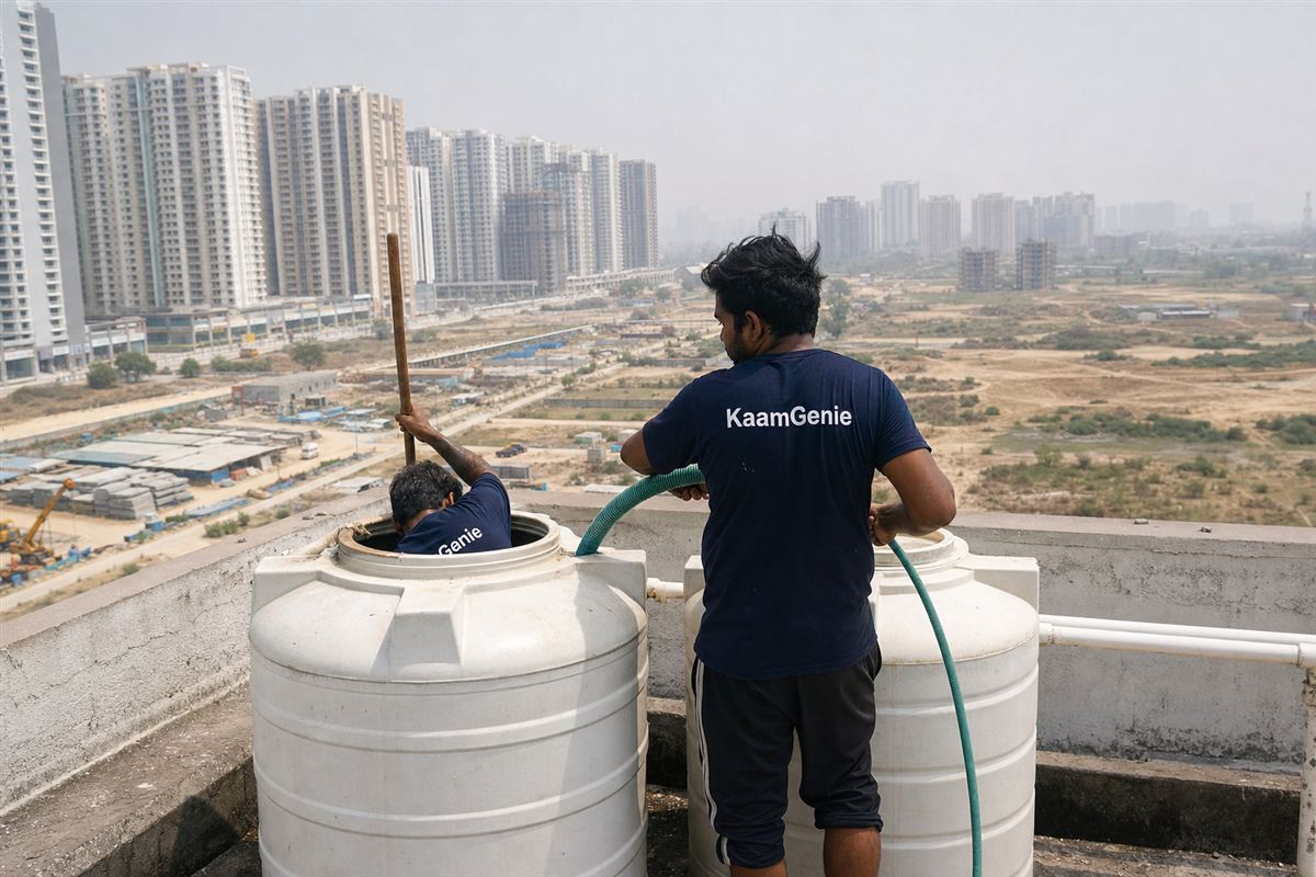 KaamGenie crew in navy shirts cleaning a rooftop water tank on a newly built New Gurgaon high-rise tower, open plots and more towers behind