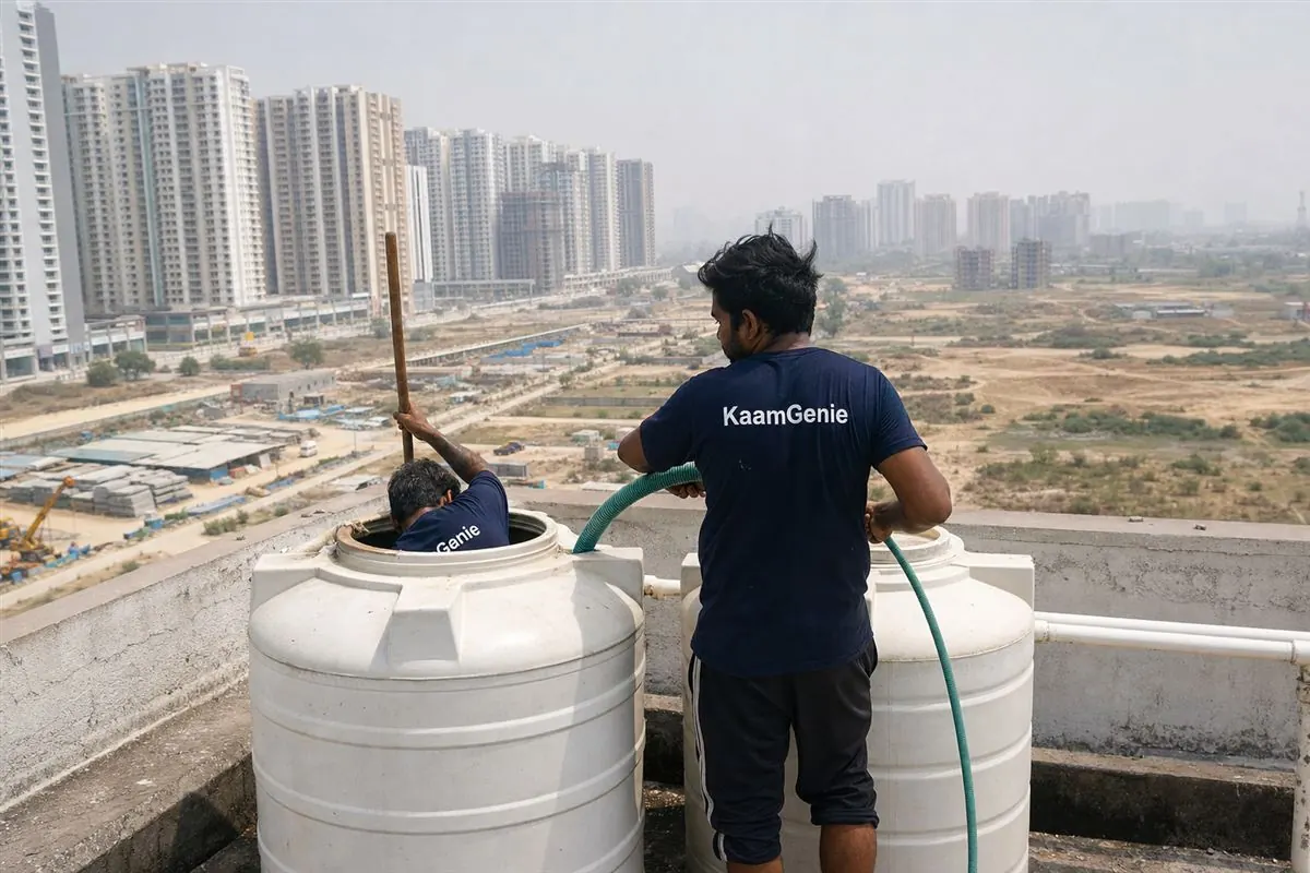 KaamGenie crew in navy shirts cleaning a rooftop water tank on a newly built New Gurgaon high-rise tower, open plots and more towers behind