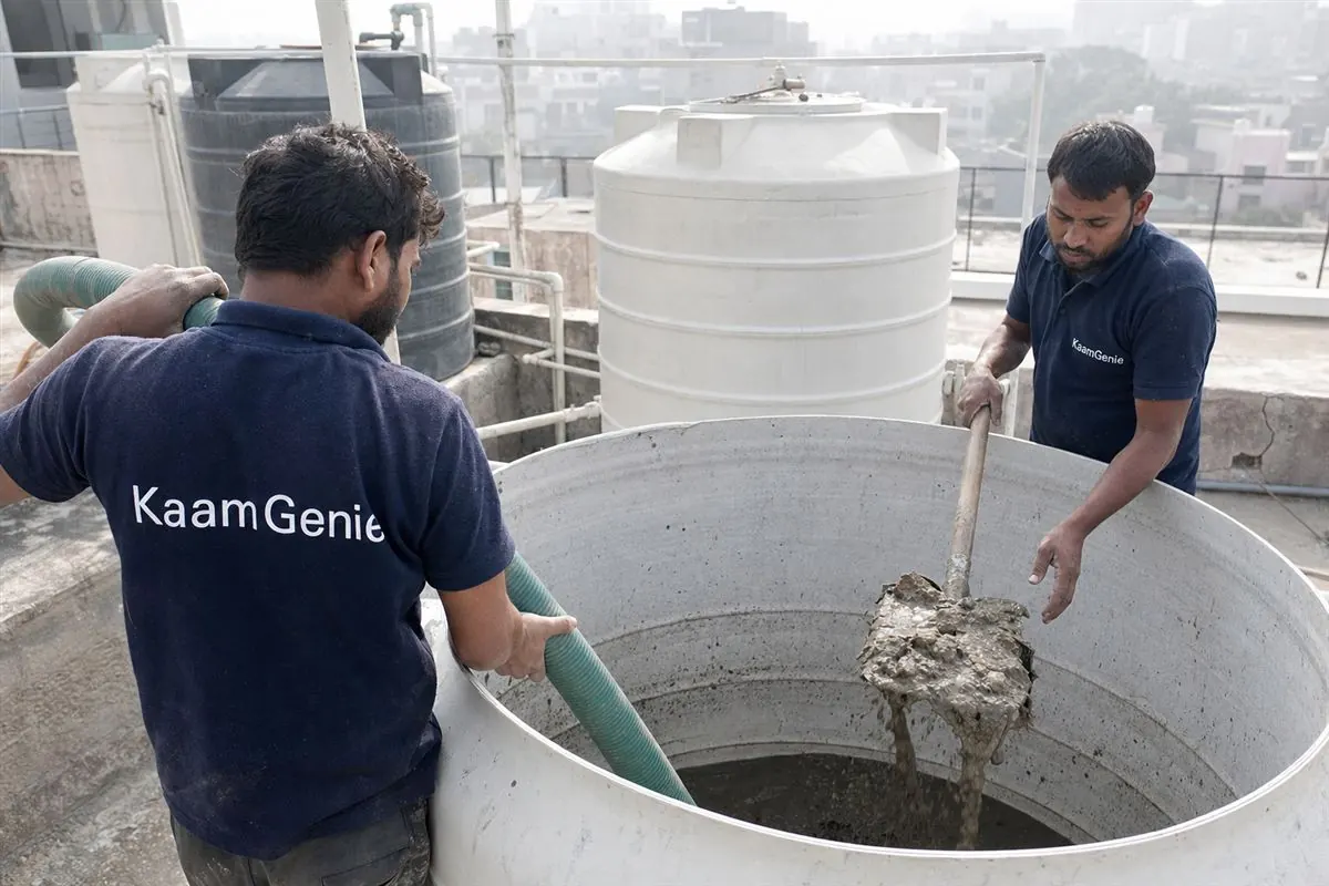 KaamGenie worker in a navy shirt scooping grey cement slurry and construction debris from the bottom of a newly built water tank in a New Gurgaon high-rise