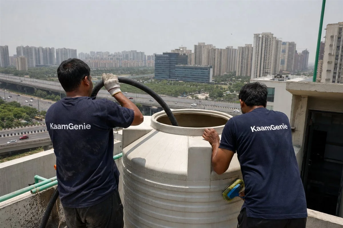 KaamGenie crew cleaning a rooftop water tank on a tall Noida Expressway high-rise tower with the expressway and other towers behind