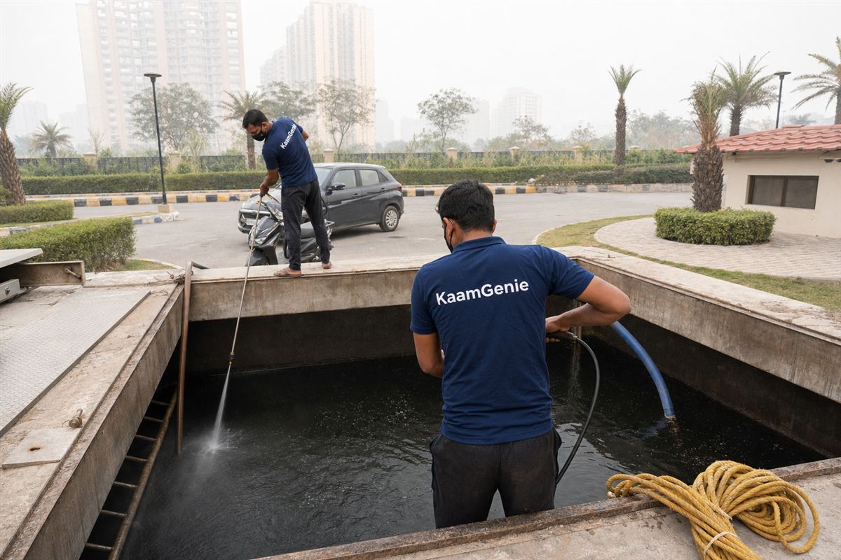 KaamGenie crew cleaning a deep basement underground reservoir at a Noida Expressway high-rise society, with pumps lifting water up to rooftop tower tanks