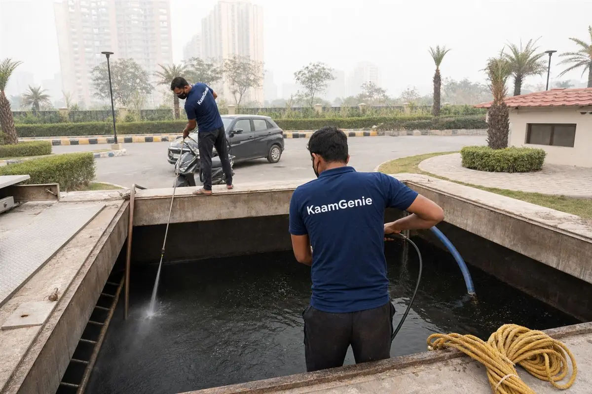 KaamGenie crew cleaning a deep basement underground reservoir at a Noida Expressway high-rise society, with pumps lifting water up to rooftop tower tanks