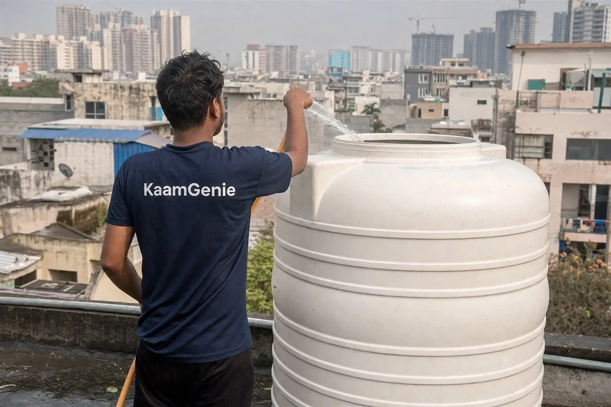KaamGenie worker rinsing a freshly cleaned rooftop tower tank with a hose on a Noida Expressway high-rise, with calcium and iron scale cleared from the walls