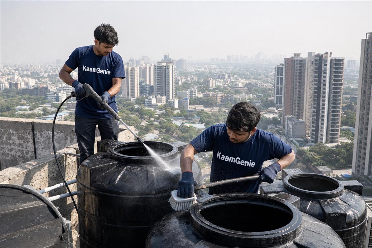 KaamGenie crew cleaning a high-rise society underground reservoir in Noida with rooftop tower tanks visible in the background