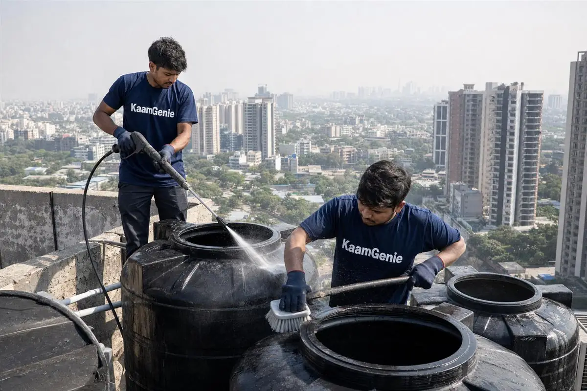 KaamGenie crew cleaning a high-rise society underground reservoir in Noida with rooftop tower tanks visible in the background