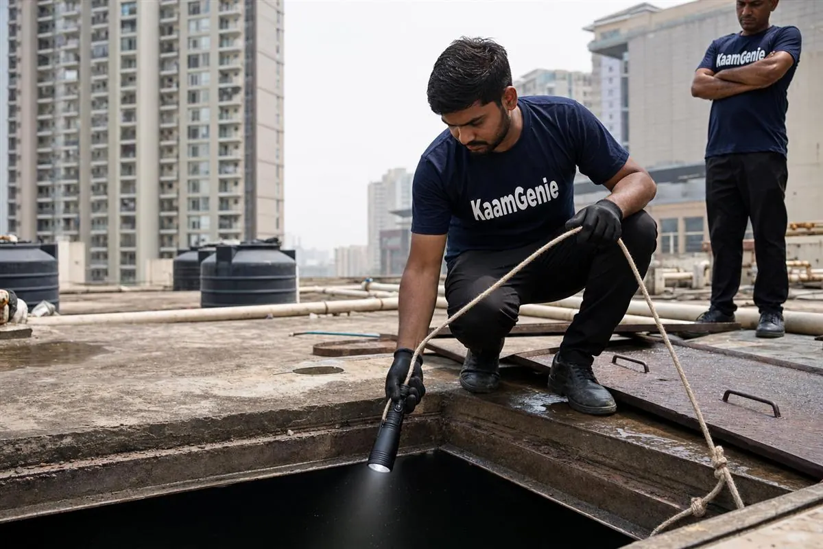 Cross-section of a Noida high-rise water system showing an underground reservoir feeding rooftop tower tanks on a residential tower